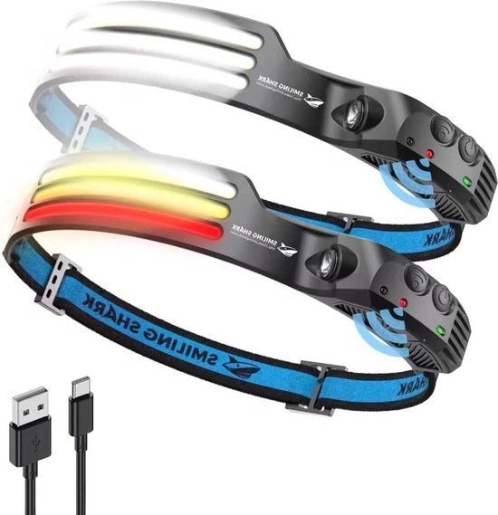 Lanterna da testa con fascia di visuale 230°, LED strip a 3 colori, ricaricabile, acqua resistente, per camping, jogging, pesca - 2 pezzi