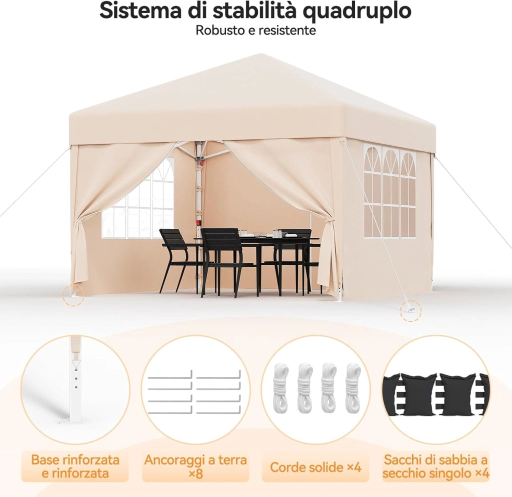 Gazebo 3x3 Pieghevole Impermeabile UPF50+, 3 Altezze Regolabili, 4 Pareti Rimuovibili, Gazebo da Giardino per 8-10 Persone, Pop-up Gazebo Esterno Resistente con Borsa da Trasporto, Beige