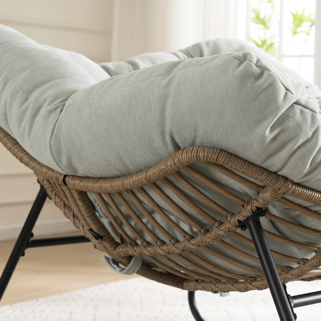 Sedia a dondolo in chenille con struttura ergonomica e base metallica, per salotto e camera azzurro chiaro