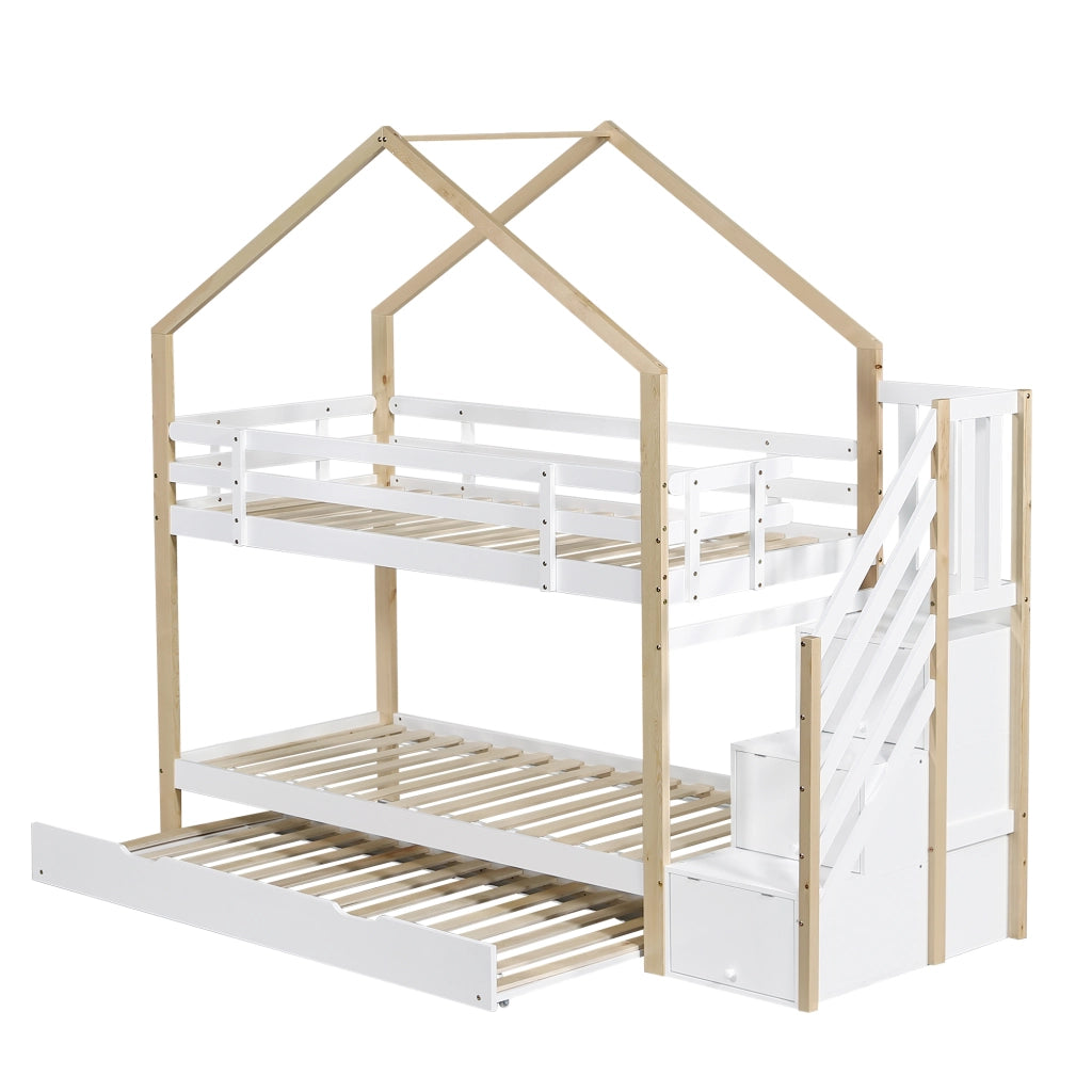 DESMIU Letto a castello 90 × 200 cm e 90 × 190 cm 2 posti con scala con cassetti e materasso senza