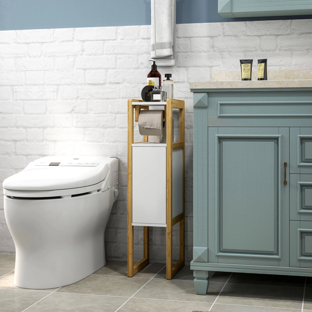 Mobile Bagno Salvaspazio con Porta Carta Igienica, Armadietto e Ripiano in Bamb¨´, 20x33x80cm, Bianco