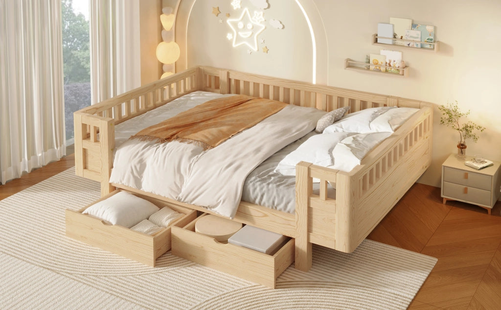 Letto 140x200 in Legno con Due Cassetti e Sponde Alte per Bambini