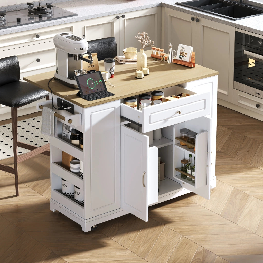 Carrello da Cucina con Piano Ribaltabile; Prese e Vano per Rifiuti; in MDF; Bianco e Naturale; 131;8 x 40-70 x 93;3 cm