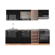 Cucina componibile R-Line Nero lucido/Rovere dorato 240 cm, PL Marmo Vicco