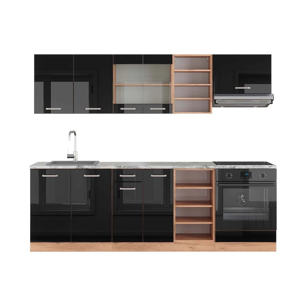 Cucina componibile R-Line Nero lucido/Rovere dorato 240 cm, PL Marmo Vicco