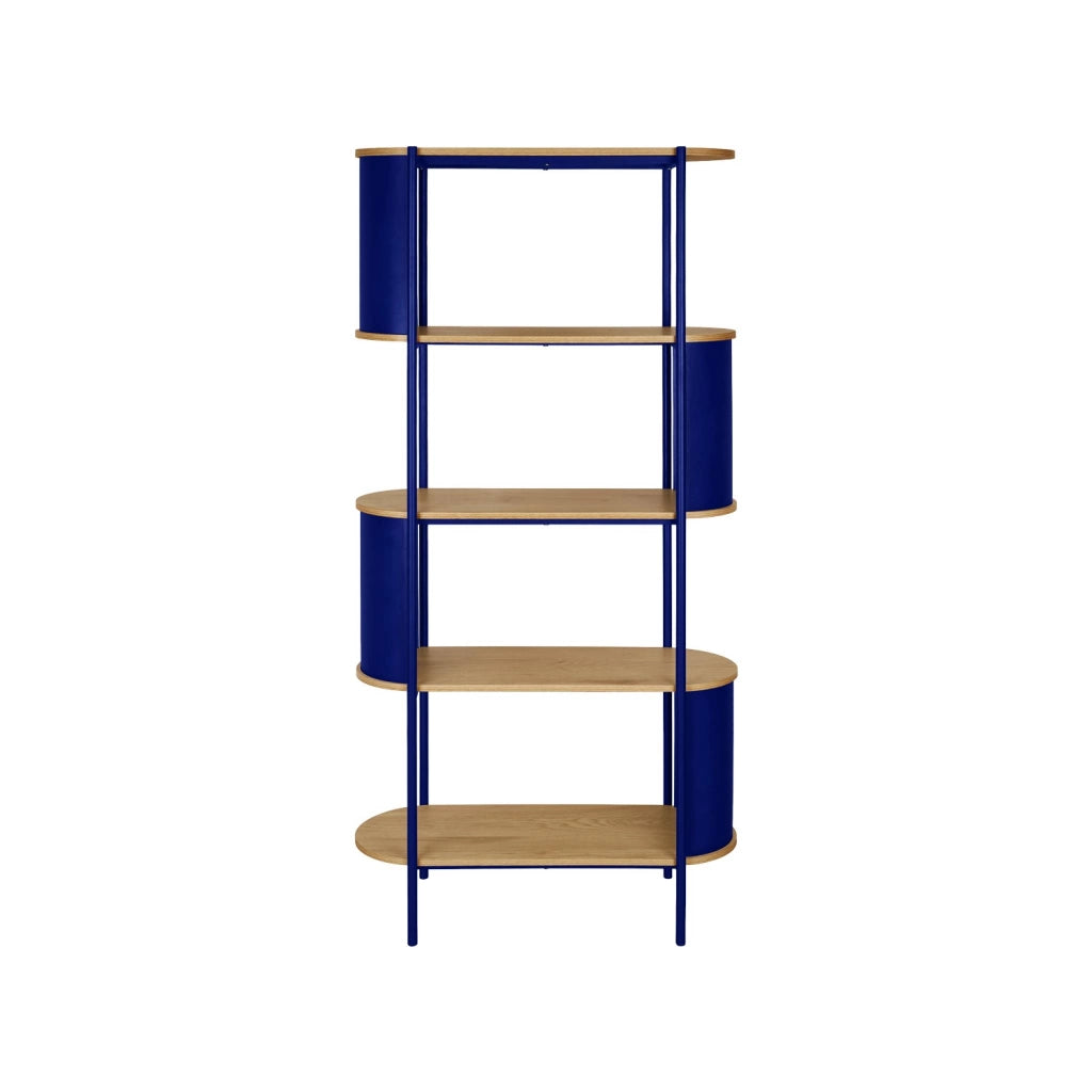 Libreria in metallo curvato e legno a 5 livelli, blu