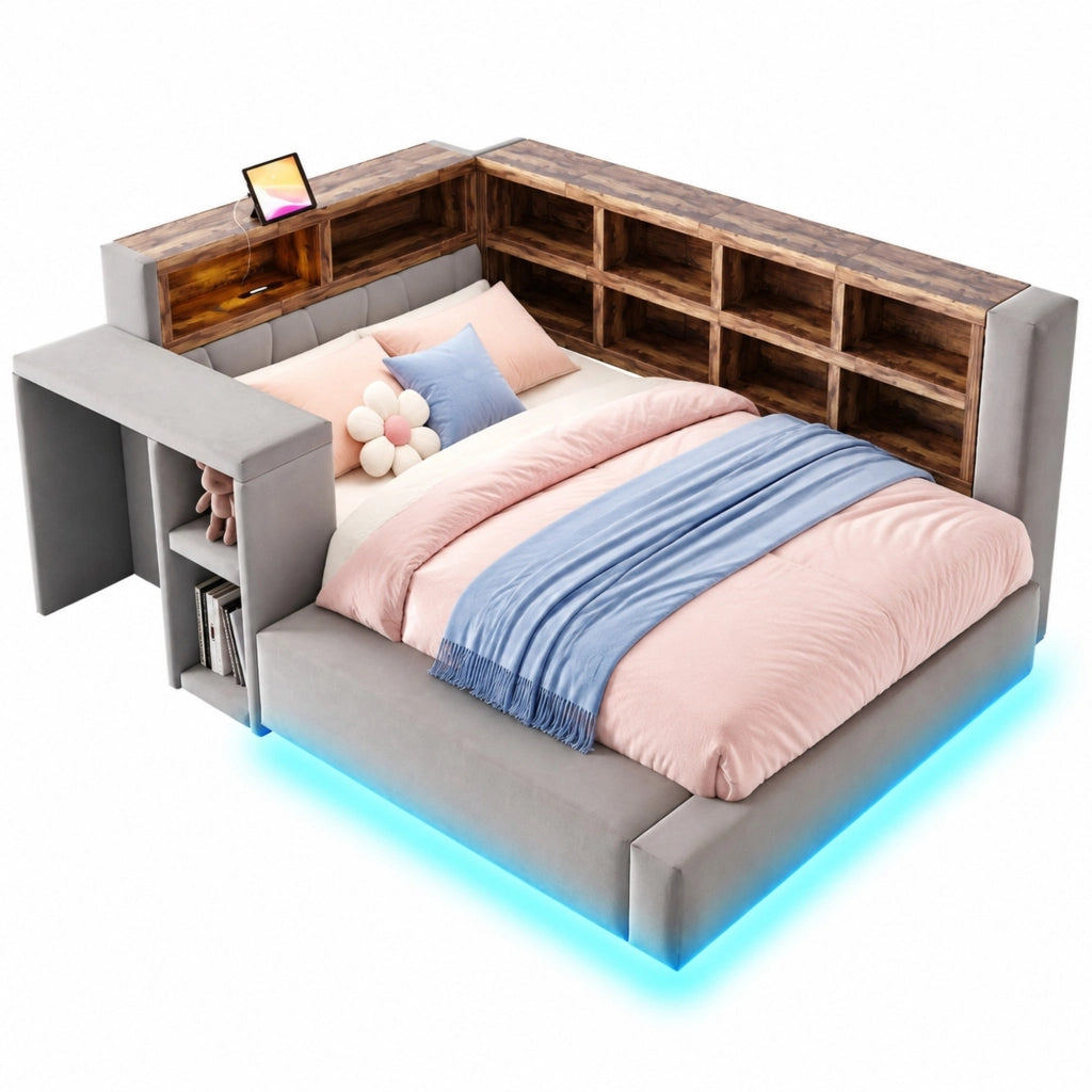 Letto imbottito 90x200 cm con testiera contenitore; LED; prese e comodino; grigio scuro