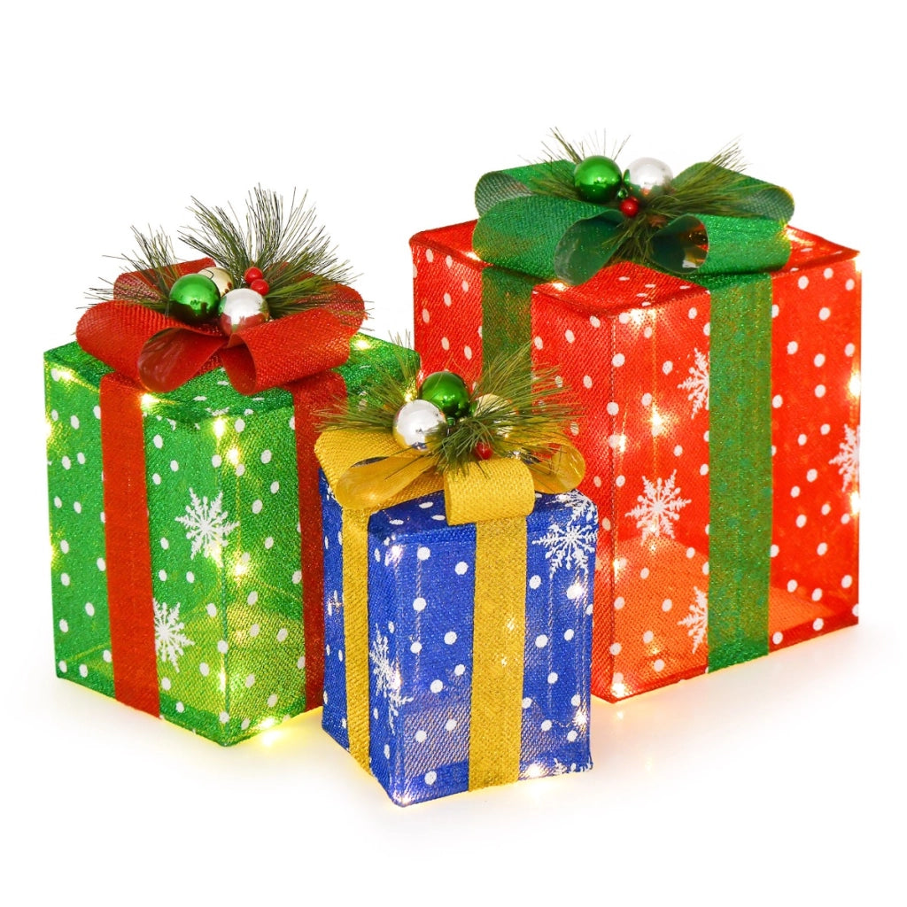 3 Decorazioni scatola regalo di natale, Set di scatole regalo illuminate con 52 luci LED per cortile prato portico-Decorazioni natalizie