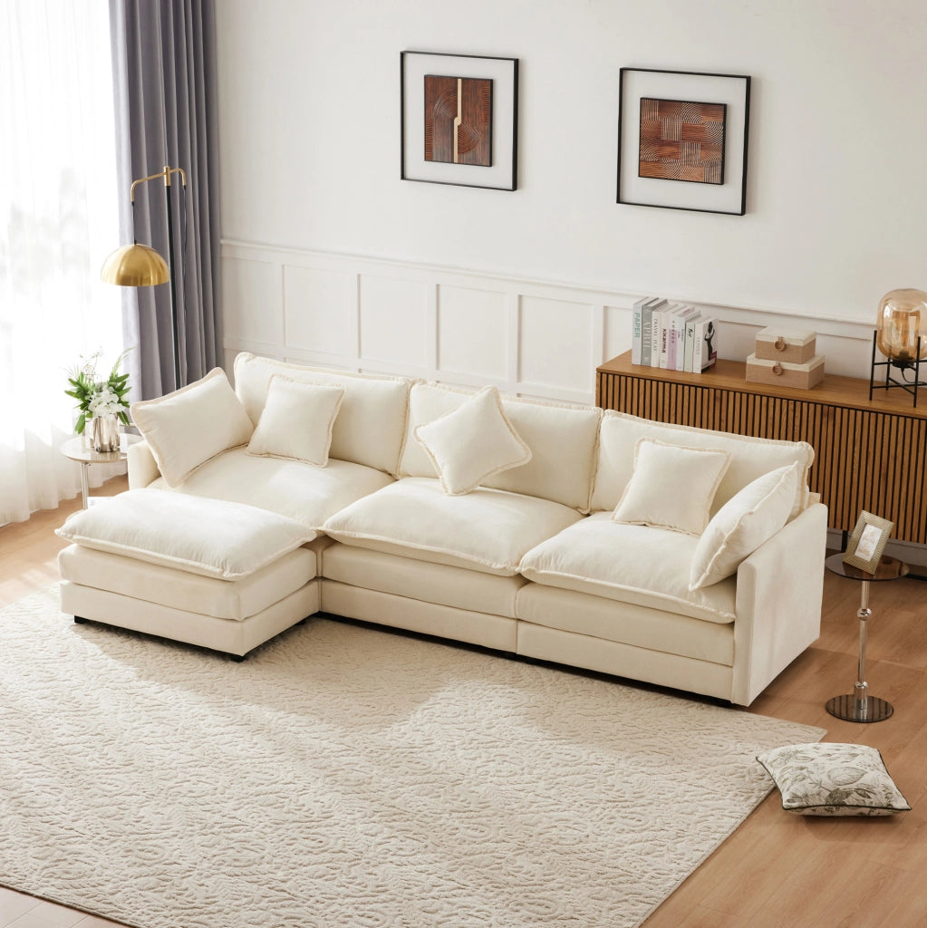 Divano 3 posti in chenille beige con pouf mobile, 283 cm