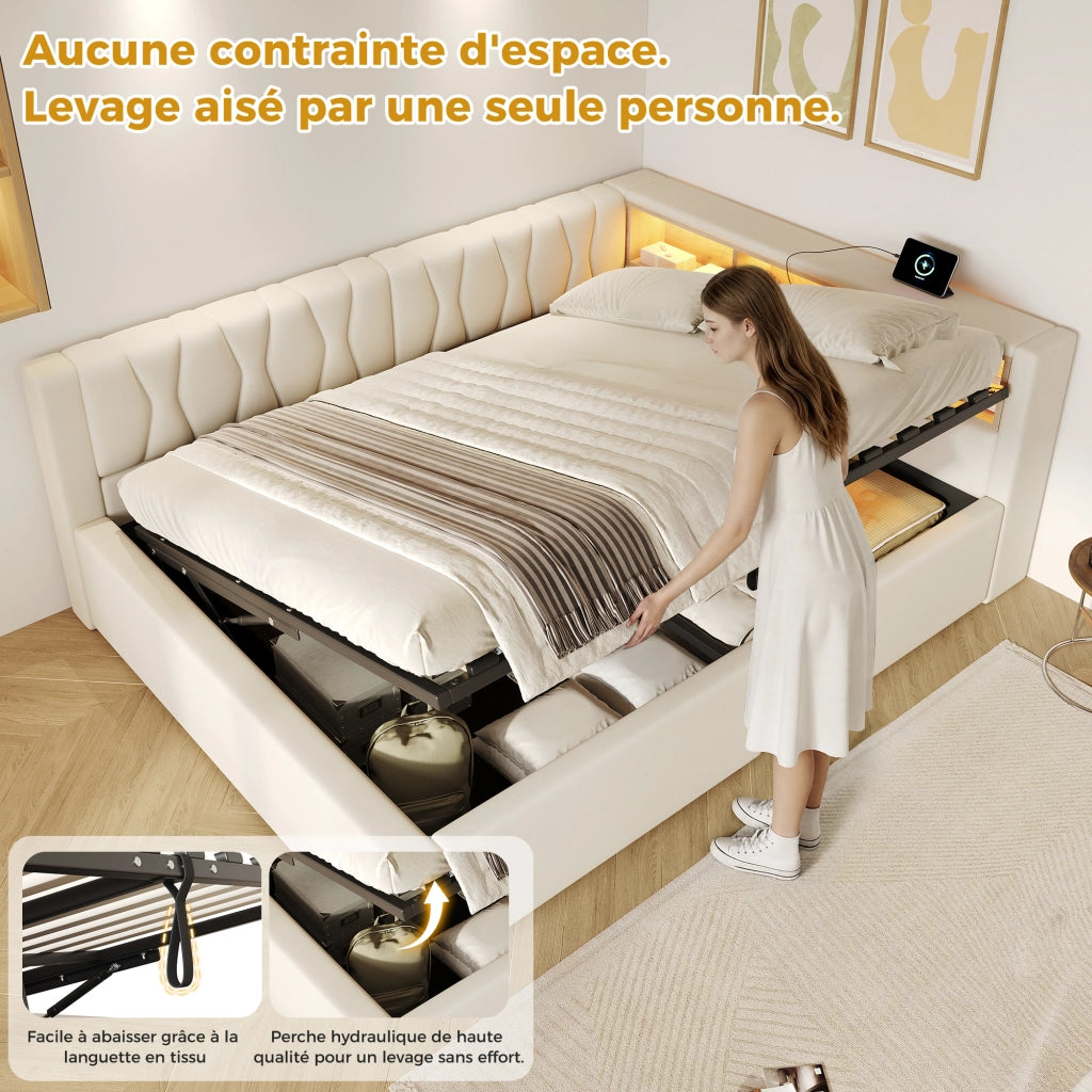 Letto contenitore 140x200 cm con sollevamento idraulico; LED dimmerabile; testiera con ripiano e USB; beige