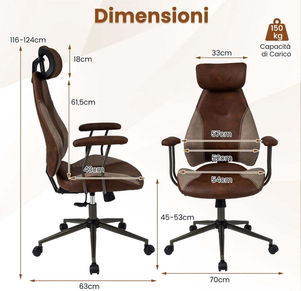Sedia da Ufficio Ergonomica, Sedia da Scrivania in Tessuto di Lino con Poggiatesta 2D, Schienale Oscillante e Ruote, Poltrona da Lavoro Regolabile Girevole, Portata 150 kg (Marrone)