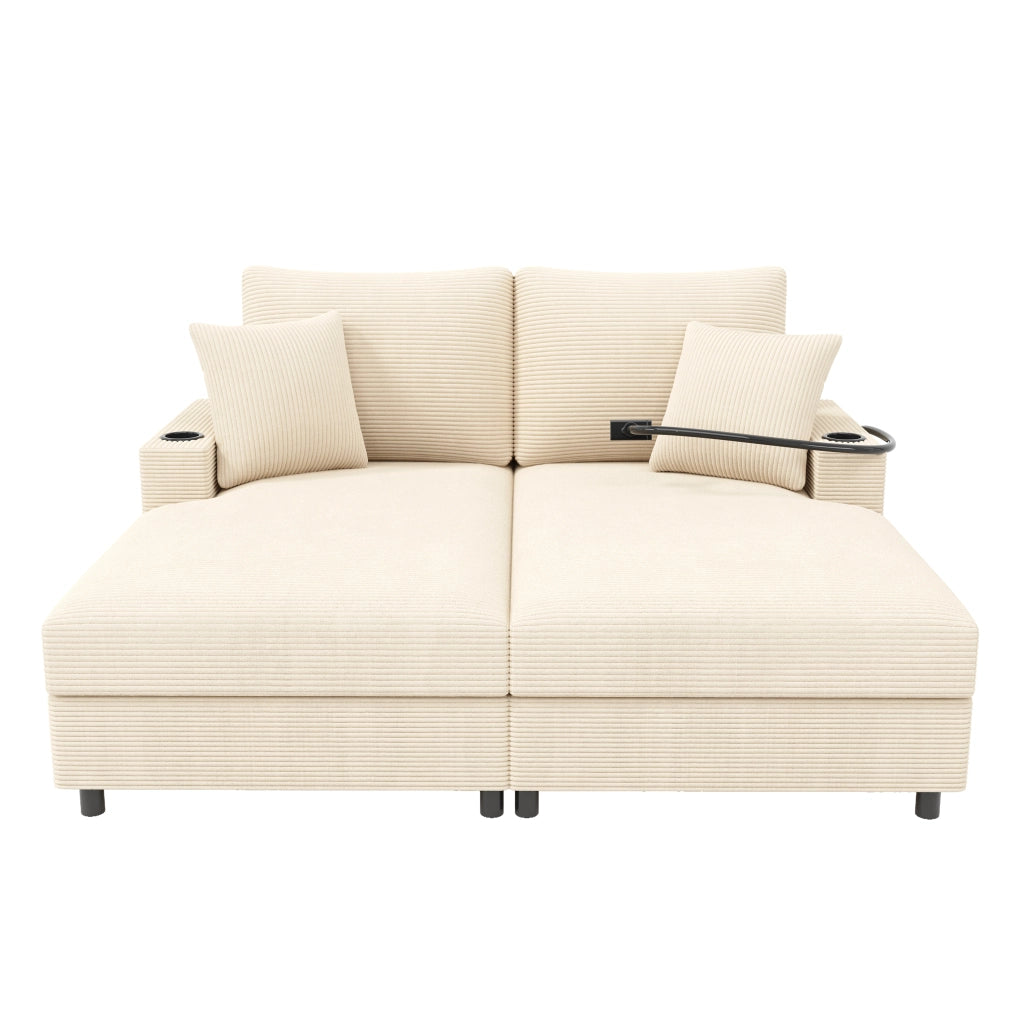 Divano Letto 2 Posti con Supporto Girevole per Smartphone USB e Porta Bicchieri in Velluto a Coste Beige