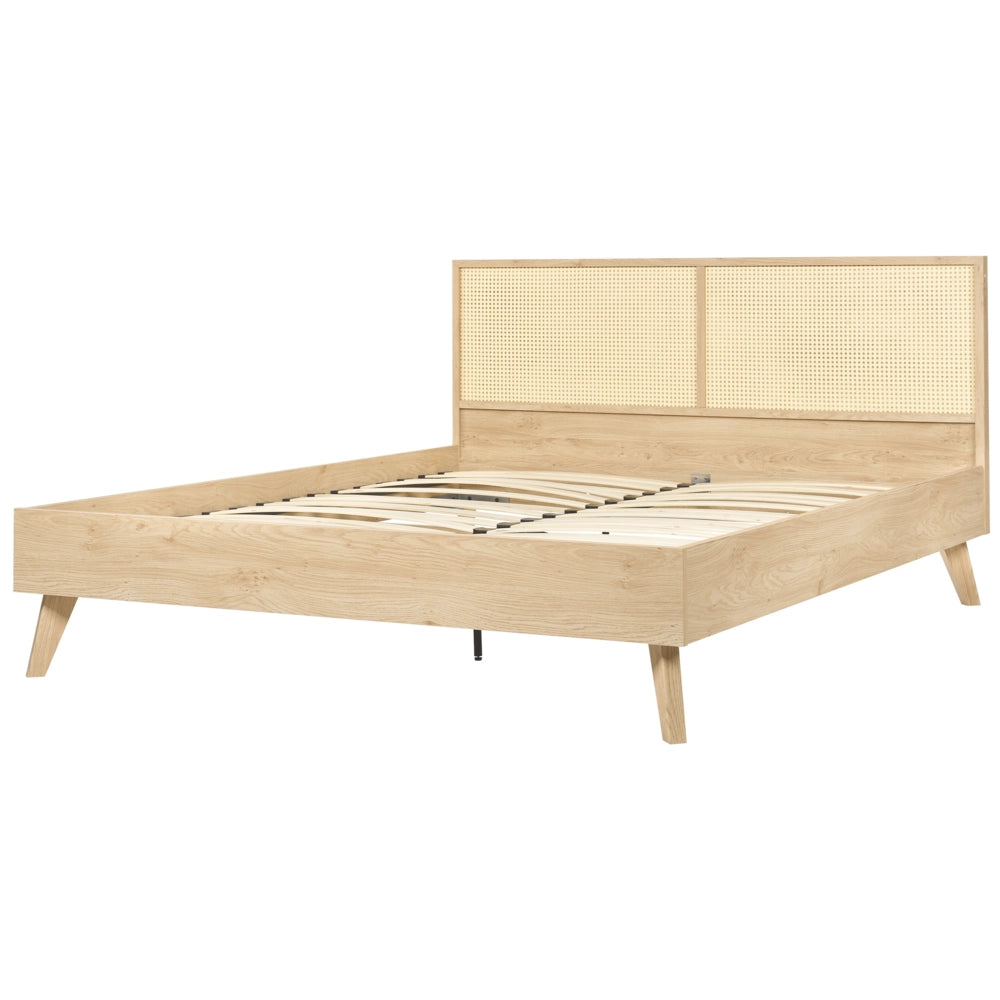 Letto matrimoniale  in legno di pioppo con testiera in vimini 160 x 200 cm camera da letto moderna boho minimalista
