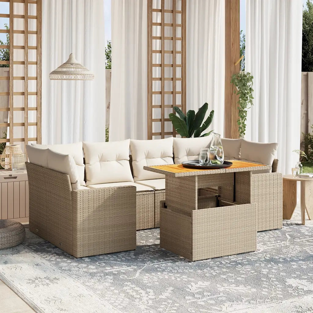 Set Divani da Giardino 7 pz con Cuscini Beige in Polyrattan