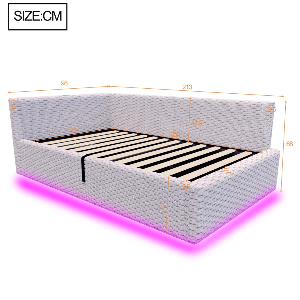 Letto imbottito ULEVR 90x200 cm con contenitore idraulico, LED, 2 USB e Type-C, velluto grigio