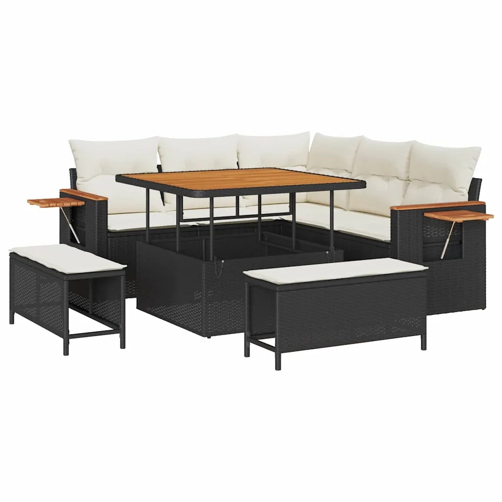 Set Divano da Giardino 9 pcs Nero e Crema polyrattan