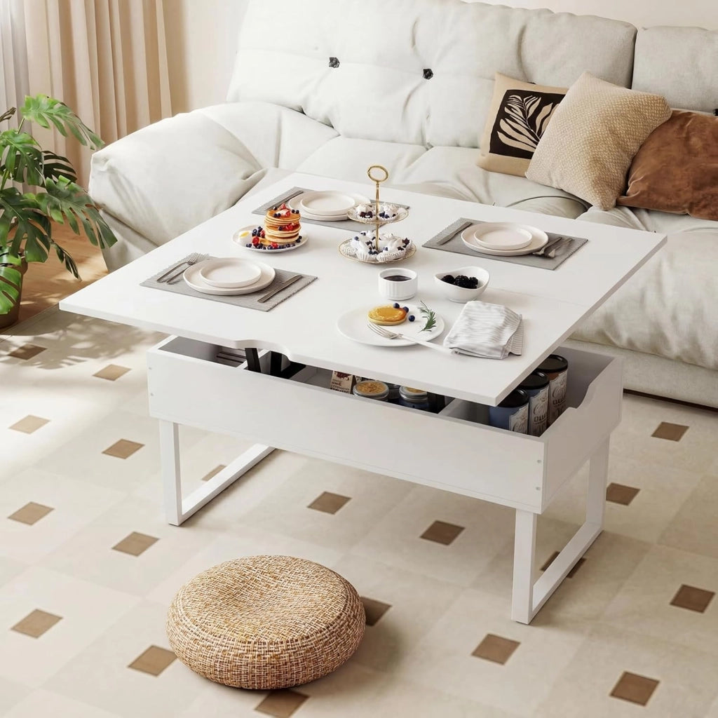 Tavolino da Caffè 3 in 1 con Piano Sollevabile, Tavolo Ausiliario Estensibile con Scomparti Nascosti, Gambe in Metallo, Tavolino Multifunzionale in Legno per Soggiorno e Sala da Pranzo (Bianco)