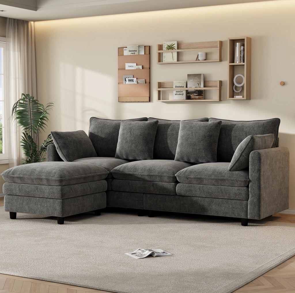 Divano angolare a L 212x150x90 cm in ciniglia grigia con chaise longue mobile
