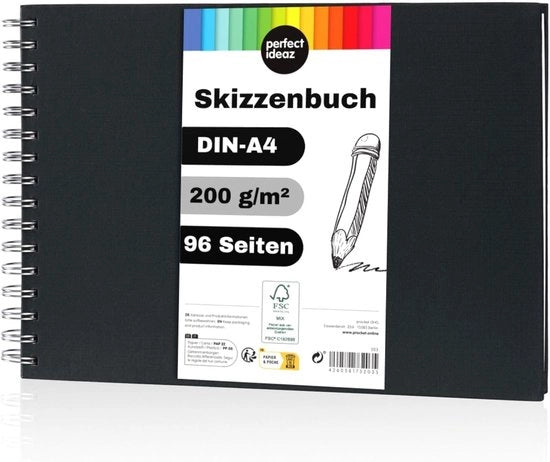 Taccuino A4 - Blocchi di disegno professionale - 96 pagine - Nero - Copertina rigida