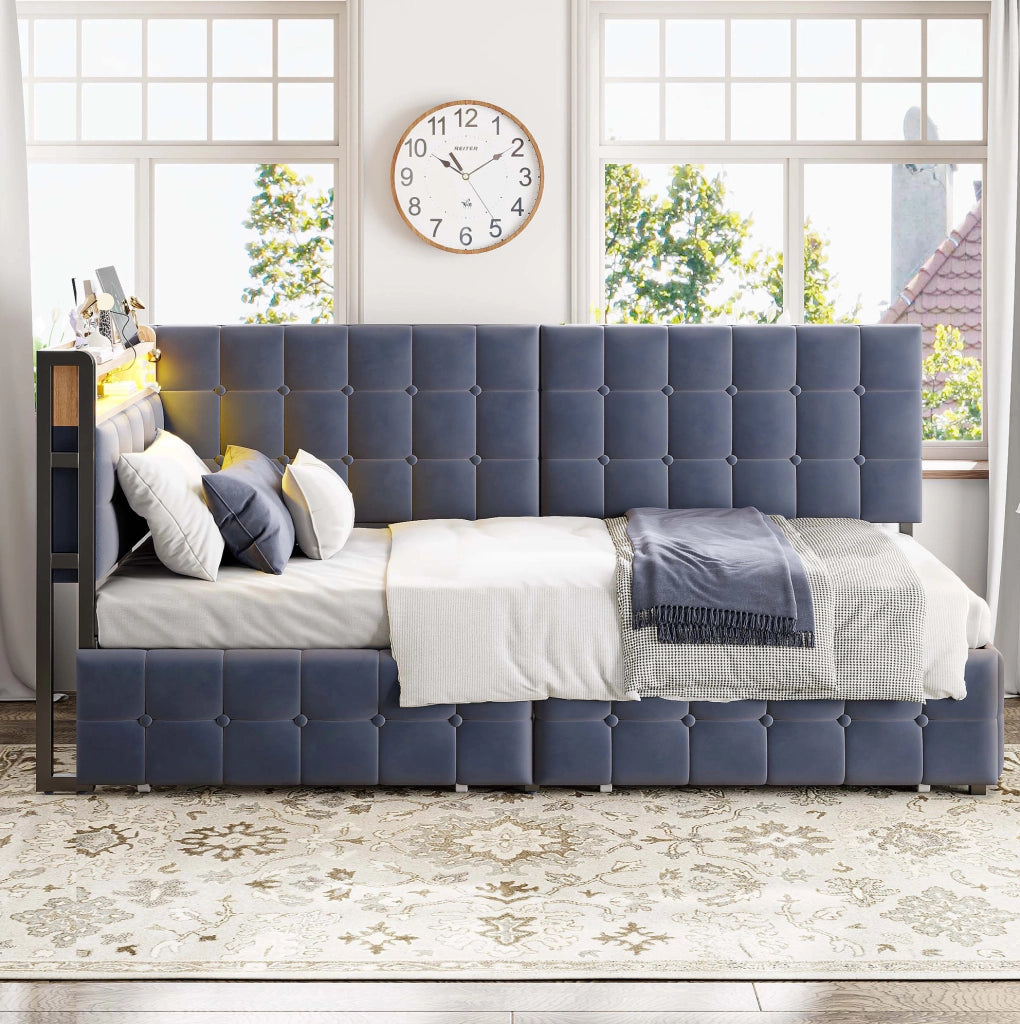 Divano letto imbottito 90x200 cm grigio con LED e cassetti