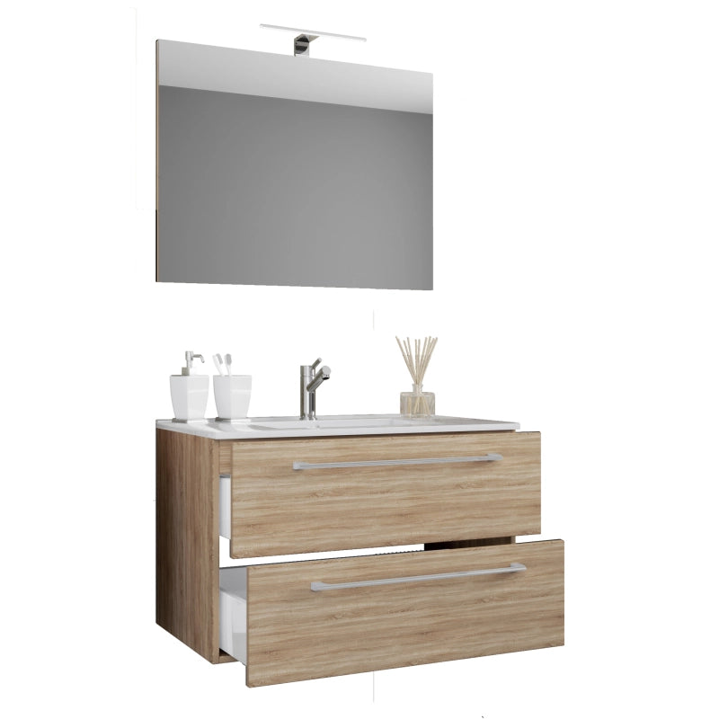 Completo di Ezooza Mobile Sospeso con 2 cassetti Large con lavabo in ceramica di alta qualità e specchio, Rovere Sonoma ,