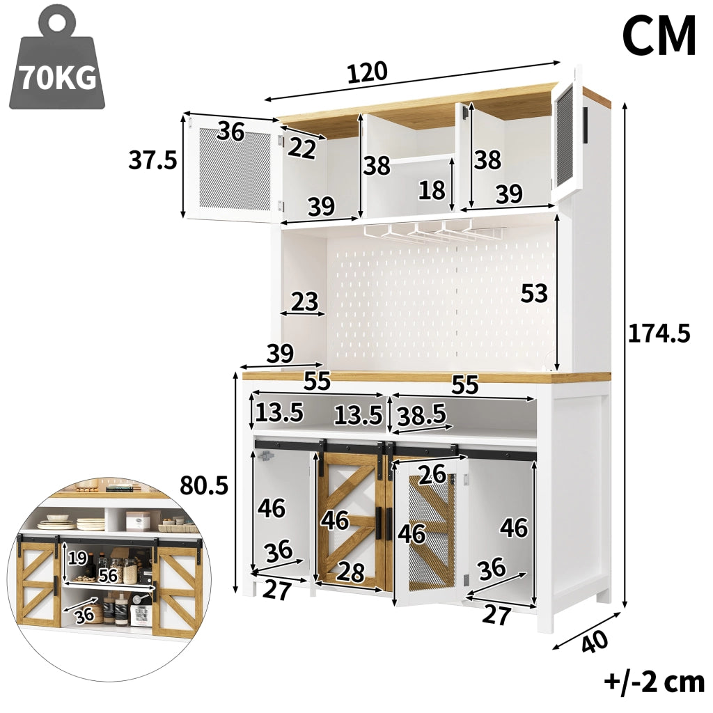 Credenza alta con ante scorrevoli e battenti; LED; per cucina; in MDF; 120×40×174.5 cm; bianco