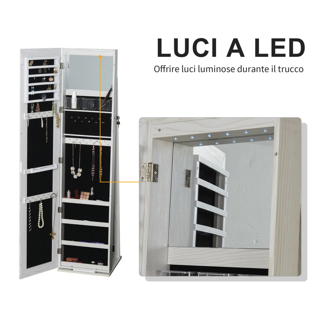 Specchio Portagioie da Terra a LED 15x15x61,75 cm con 4 Scaffali Struttura in Legno Bianco
