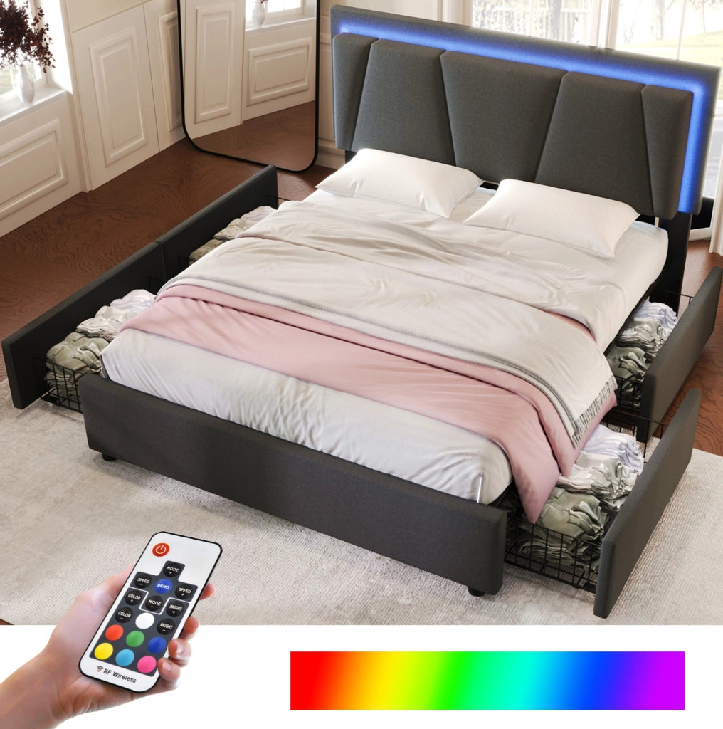 Letto contenitore 140x200 cm con LED; testiera regolabile e 4 cassetti; grigio