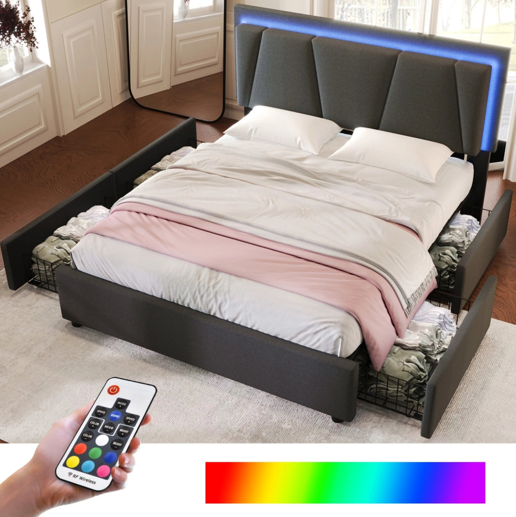 Letto contenitore 140x200 cm con LED; testiera regolabile e 4 cassetti; grigio