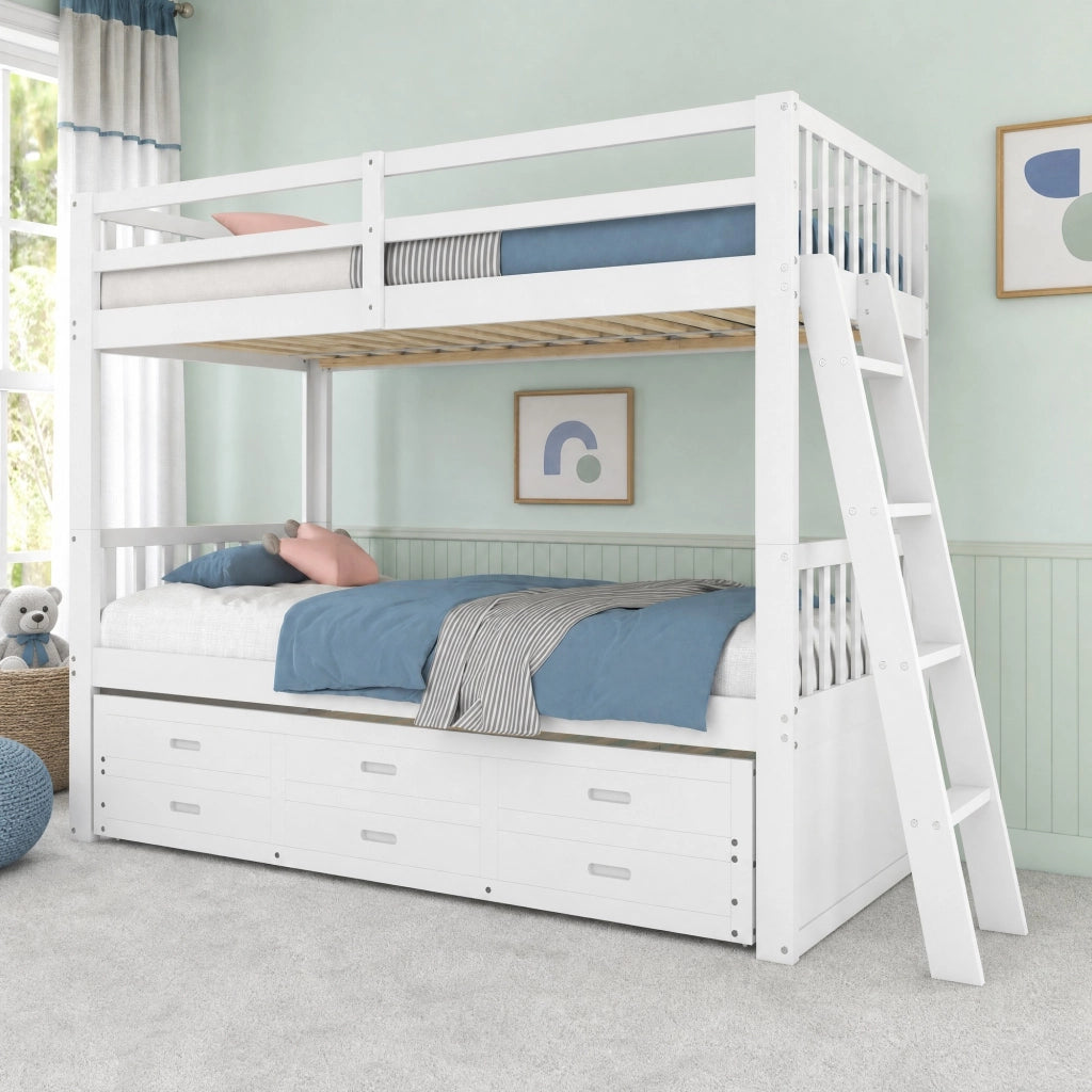 LETTO a castello 90x200 cm in pino e MDF, bianco, con letto estraibile e 3 cassetti