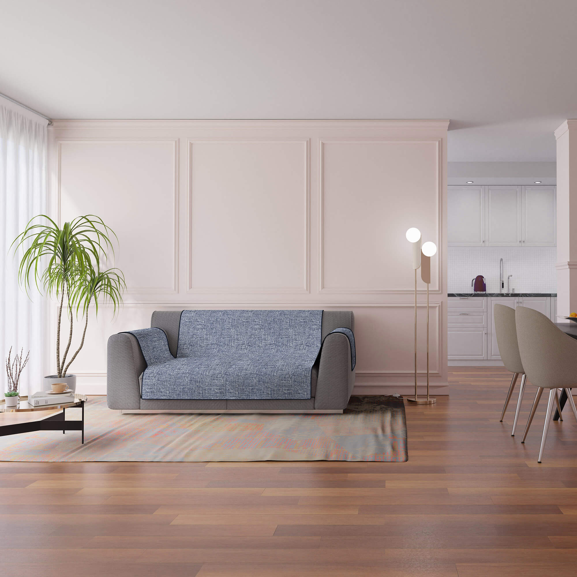 Copridivano con Copri Braccioli Seduta 60 cm in Poliestere Blu Scuro