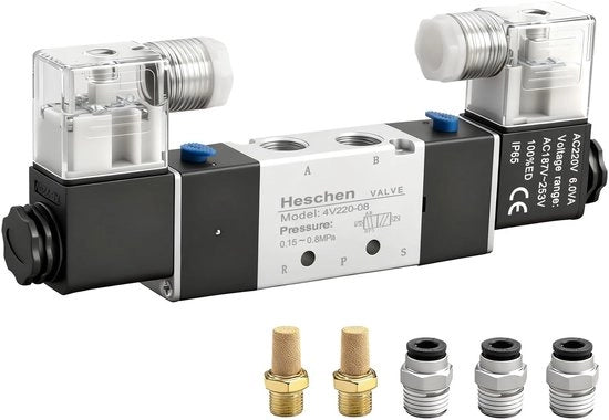 Valvola magnetica elettrico-pneumatica a 5 vie con doppia manovella per spira - 220V - PT1/4 - per uso industriale - dimensioni 19 x 7 x 2,4 cm