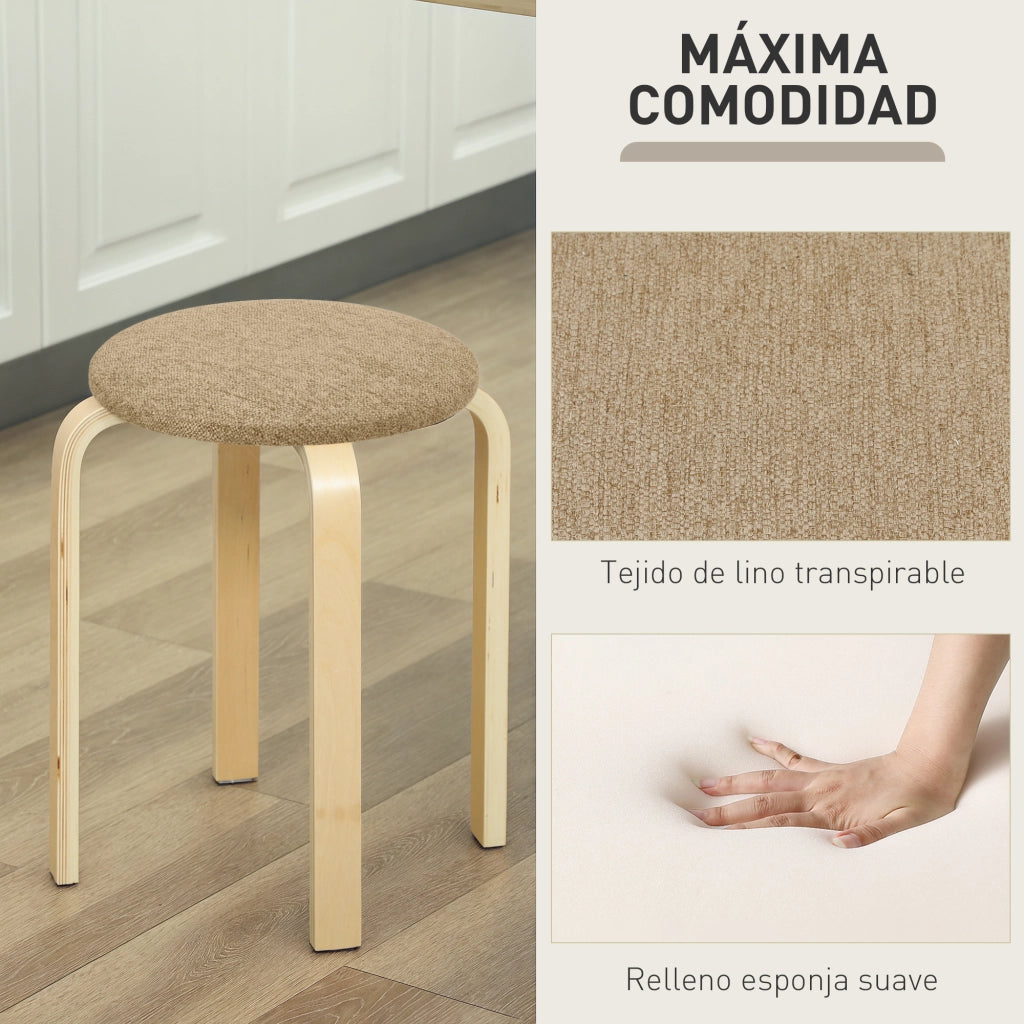 Set 4 Sgabelli Rotondi Impilabili ¨C Xylo ¨C Seduta Imbottita Legno Cucina Beige