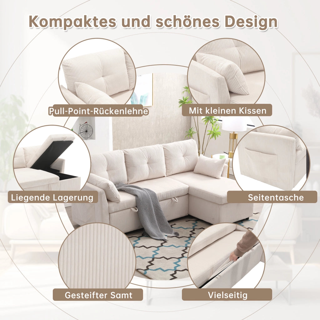 Divano letto angolare convertibile con contenitore, penisola reversibile e cuscini in corduroy beige 206 × 108 × 66-88 cm