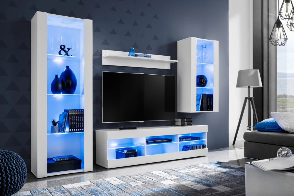 Set Di Mobili Porta TV Tivoli Medio, Komodee, Bianco/Bianco, LED Blu, Larghezza 245 cm x Altezza 159 cm x Profondità 35 cm, Per soggiorno, Camera da letto