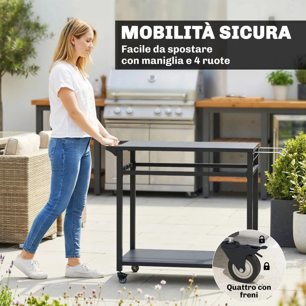 Carrello per Barbecue con 2 Ripiani, Supporto Pizza e Portasacchi ¨C Zephmum ¨C Nero