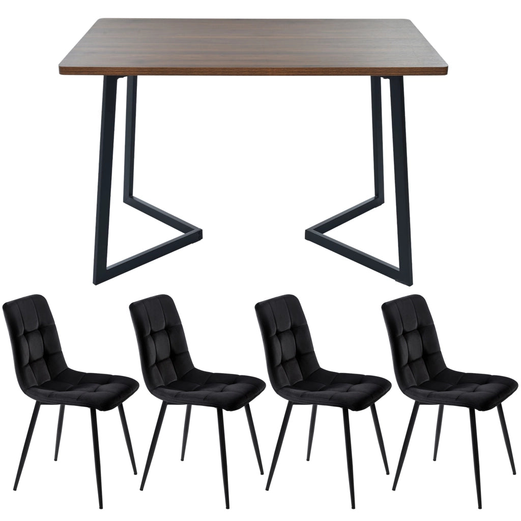 Set tavolo da pranzo con 4 sedie in velluto piano in MDF noce gambe in metallo nero per cucina 117 × 68 × 75 cm