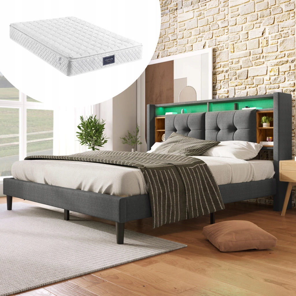 Letto matrimoniale - Xylo - 160x200 - Grigio - USB, LED, con materasso