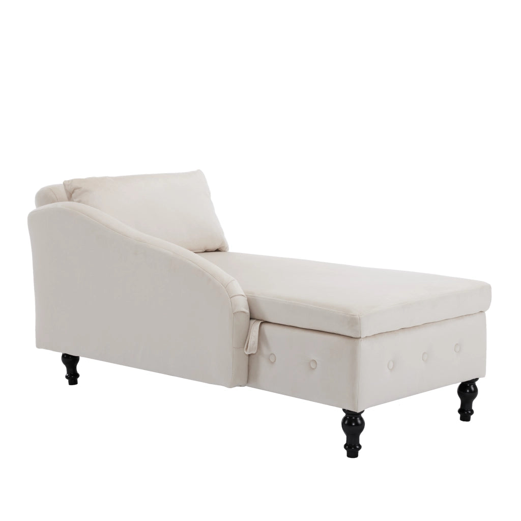 Chaise longue con contenitore in velluto con cuscino e bracciolo destro beige per salotto interno 144 × 62 × 69 cm
