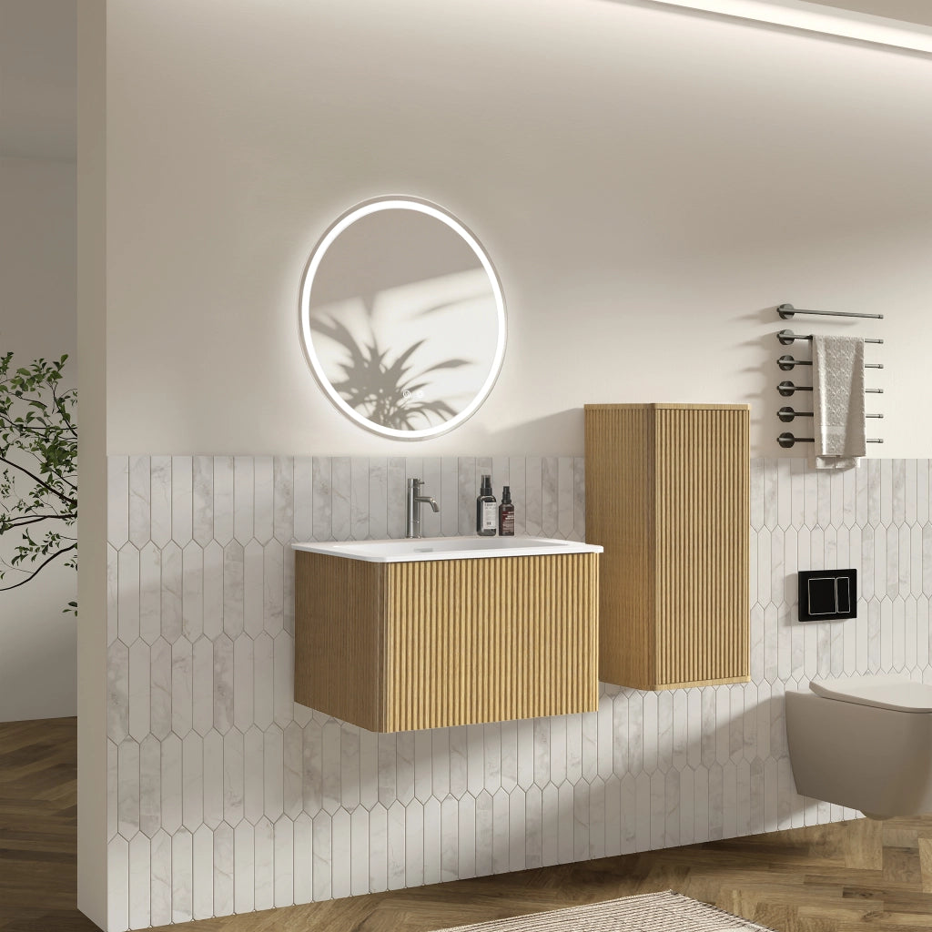 Armadietto da bagno sospeso con lavabo, specchio LED e armadietto laterale, per bagno, in rovere, 60 cm
