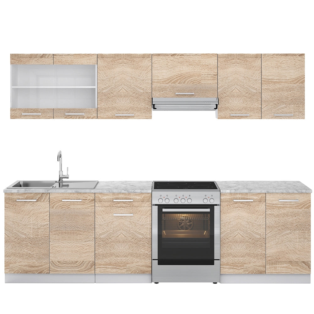 Mobile da cucina Raul Sonoma/Bianco 270 cm, PL Marmo con striscia LED Vicco