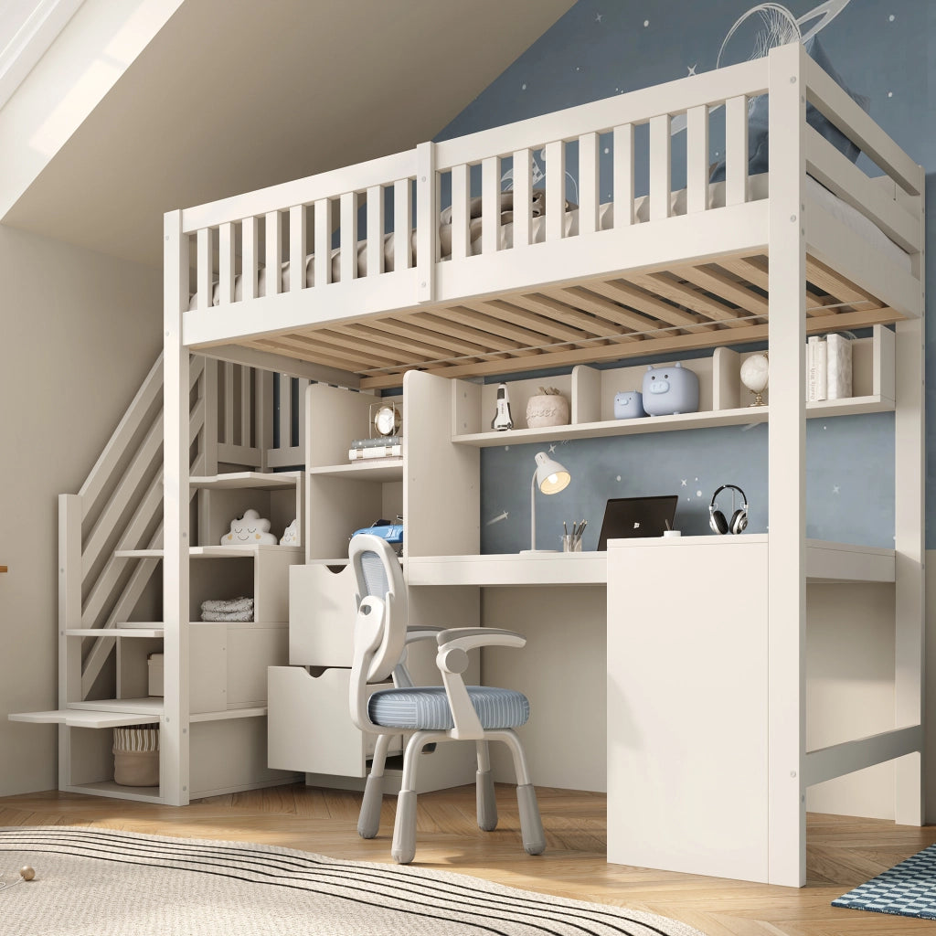 Castello in legno 90x200 bianco scala con armadio scrivania angolare cassetti
