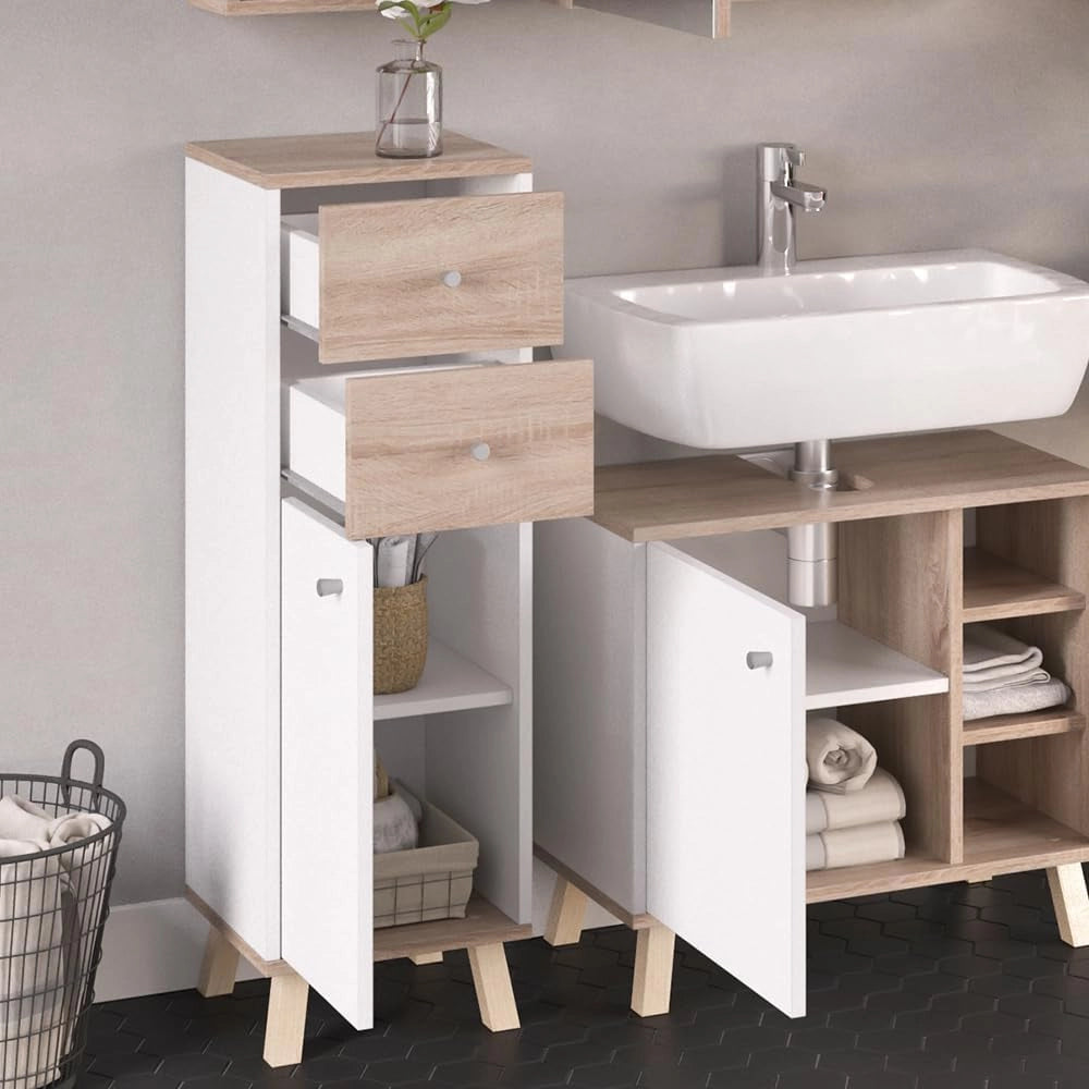 Mobiletto bagno Senyo, Bianco, 30 x 95 cm con cassetti, adatto al montaggio a parete e combinabile con mobili Senyo