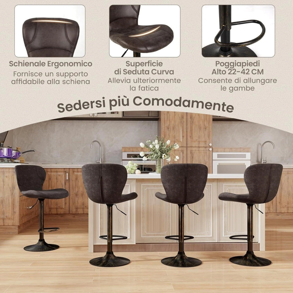 Set di 2 Sgabelli da Bar Moderno in Similpelle, Regolabile e Girevole a 360°, Sgabelli da Cucina con Schienale, Poggiapiedi, Sgabello Struttura in Metallo Stile Vintage da Casa (Marrone)