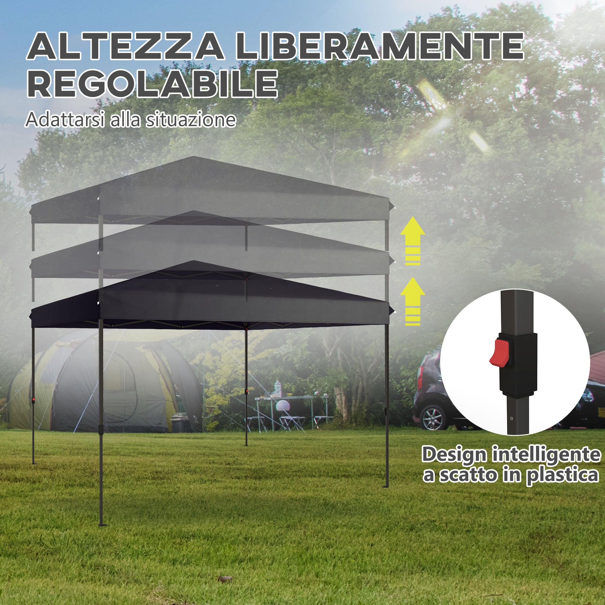 Gazebo Pieghevole 3.6x3.6m con Apertura a Bottone Altezza Regolabile e Borsa con Ruote Nero