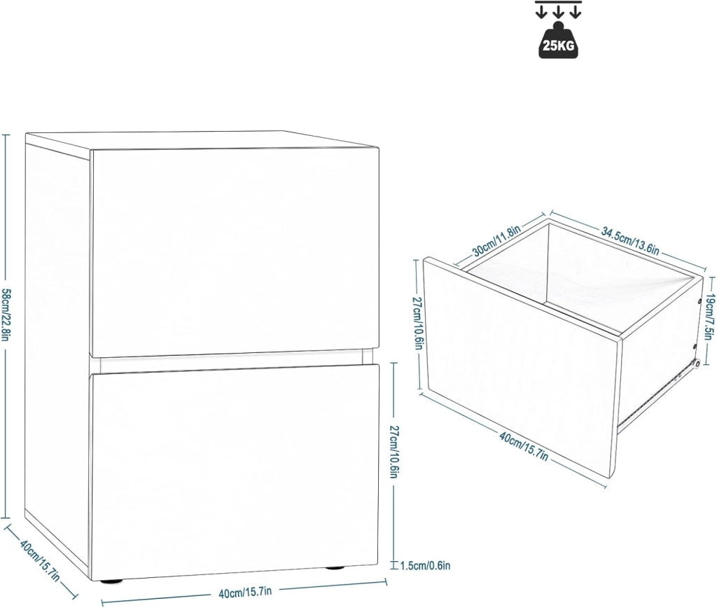 Comodino con 2 Cassetti Lucido, Mobiletto Bianco per Camera da Letto, Salotto, Cassettiera Piccola Salvaspazio in Legno, 40x40x58cm, Design Moderno, 0182ZZ