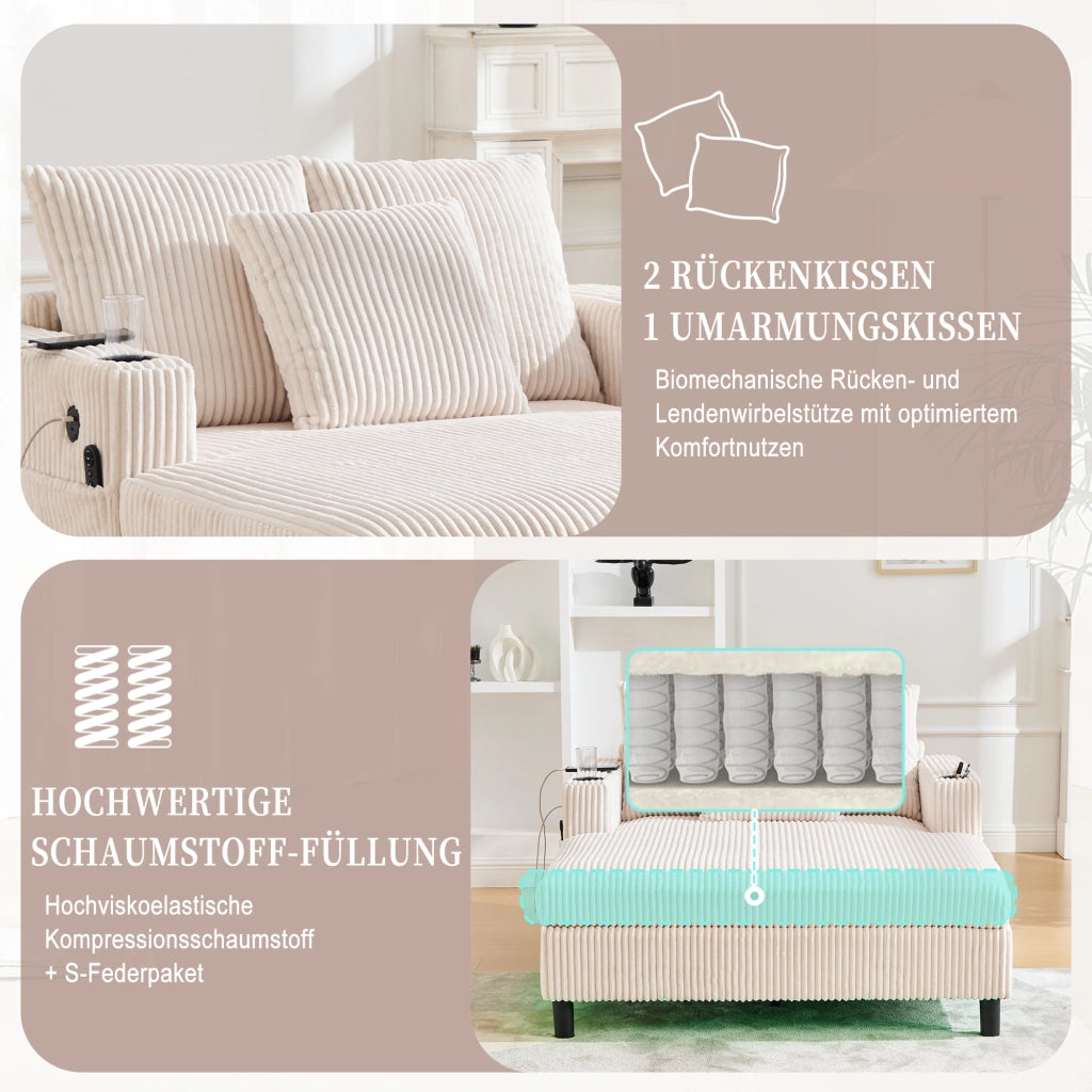 POLTRONA Relax Oversize 142x128x85 cm Corduroy Beige con LED, USB e portabicchiere