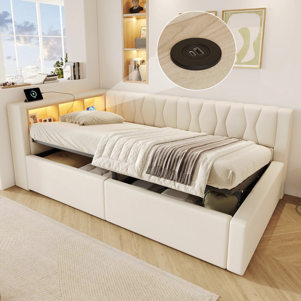 Letto singolo 90x200 cm beige con contenitore idraulico; LED dimmerabile e mensole