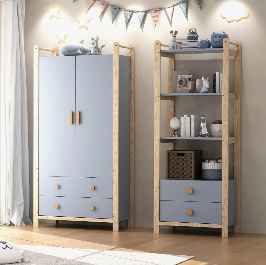 Guardaroba con scaffale blu e naturale in legno, 180,5 cm