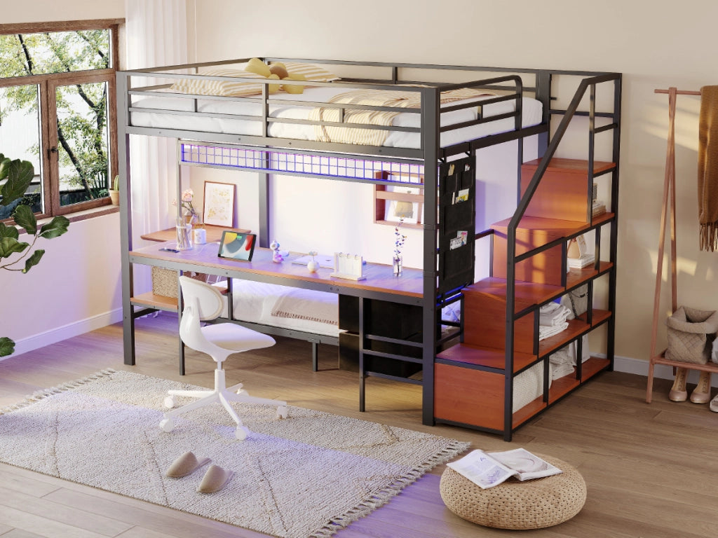 DESMIU Letto a soppalco 2 posti con scrivania, prese, LED e contenitori 140 × 200 e 90 × 200 cm, senza materasso
